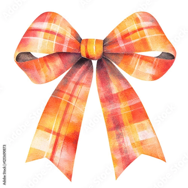 Fototapeta Soft watercolor ribbon bow with checkered plaid design in warm orange and red tones, perfect for festive decorations and gift wrapping