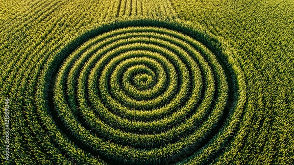 Fototapeta Aerial View of a Spiral Crop Circle in a Lush Green Field