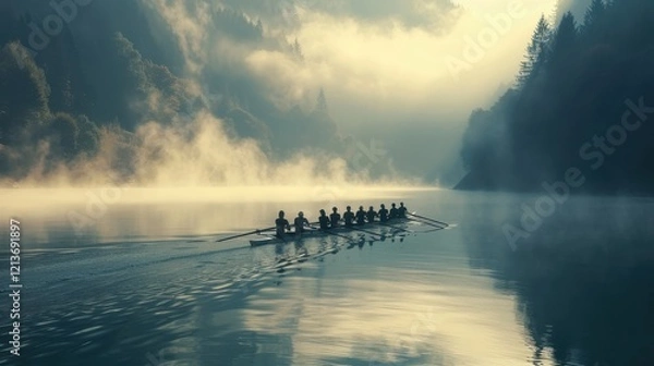 Obraz Team of Rowers Training on Misty Morning at Serene Lake