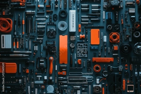 Obraz Collection of varied tools and components arranged on a dark surface showcasing an organized workspace