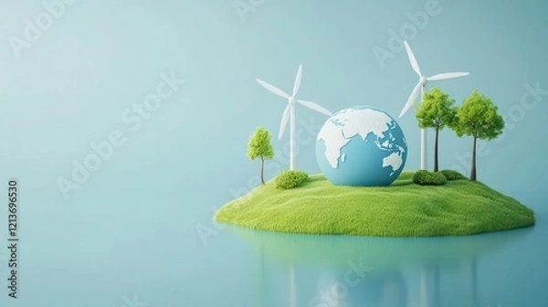 Fototapeta of wind turbines and trees on a green grassy island with a white map of the Earth on a light blue background