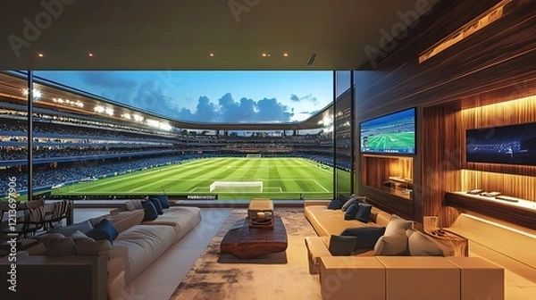 Fototapeta Lavish VIP Soccer Stadium Suite with Panoramic Field Views and Upscale Amenities