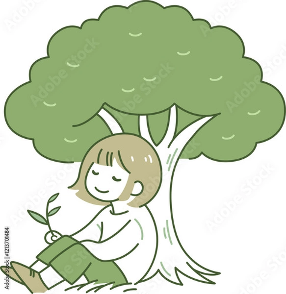 Obraz 木の下に座ってリラックスしている女性のイラスト素材_グリーン