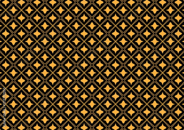 Fototapeta Seamless black background featuring a symmetrical gold diamond and star pattern, perfect for luxury designs, decor, and textiles.