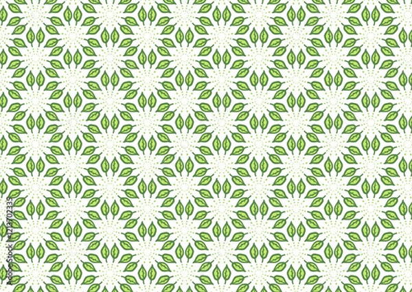 Fototapeta Seamless pattern featuring green leaves arranged in mandala-style circular motifs with dotted accents, perfect for natural and organic designs.
