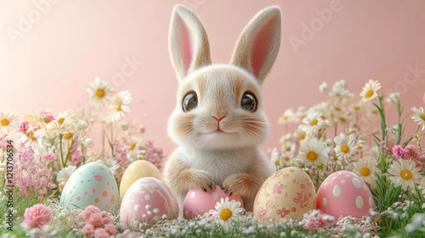 Fototapeta charming Easter themed illustration featuring cute bunny surrounded by colorful eggs and flowers, evoking joyful spring atmosphere