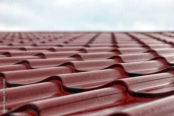 Obraz wet red metal roofing from sheet metal with droplets of rain clo