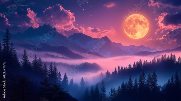 Fototapeta March Full Moon, large and bright full moon in the night sky, soft light radiating from the shining moon over the mist-shrouded mountains, Ai generated images