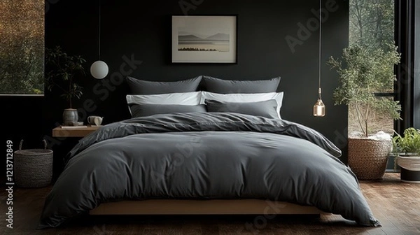 Fototapeta A tranquil, minimalist bedroom with a sleek platform bed framed by soft organic cotton linens in muted gray and white hues