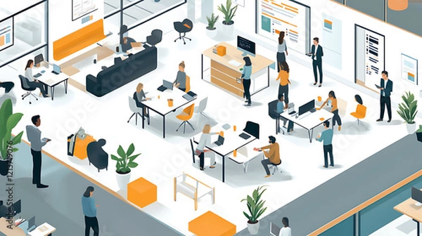 Obraz A group of people are working in an office with a lot of plants