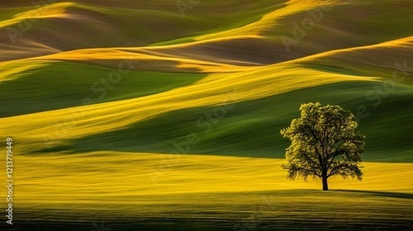 Obraz Golden Sunrise Over Rolling Hills with a Lone Tree in Focus, Evoking Tranquility and Harmony with Nature