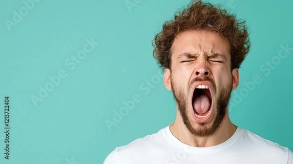Fototapeta Angry man yelling, teal background, studio shot, emotion expression