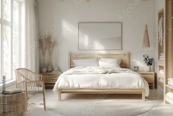Fototapeta A Scandinavian bedroom highlighting light wood elements, a neutral color palette, and functional design. Embrace clean lines, simple fixtures, and abundant natural light. 