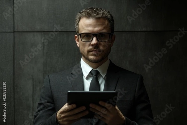Obraz Portrait of businessman in glasses holding tablet, Generative AI