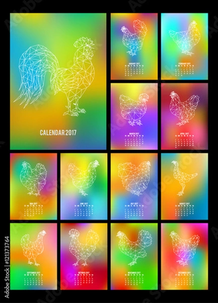 Fototapeta Desk Calendar for 2017 Year. Set of 12 colorful months pages and cover. Abstract low poly rooster and chickens. Chinese holiday symbol.