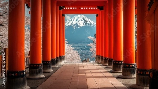 Obraz Fuji Mountain view through red torii gate, Japan