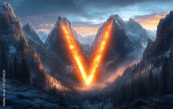 Obraz Fiery V-shaped chasm between snow-capped mountains at sunset.