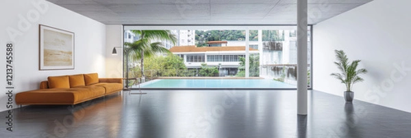 Fototapeta Modern interior with large windows and pool view in urban architecture