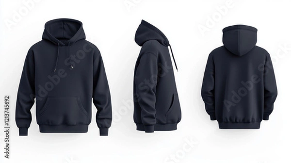Fototapeta navy blue solid color hoodie displayed from front, side, and back views, showcasing its simple and versatile design. Perfect for casual wear and layering