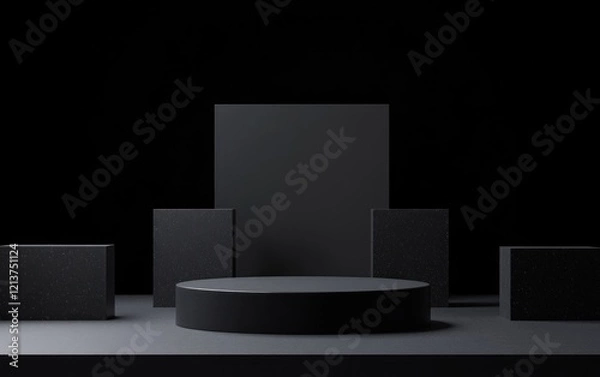 Obraz Dark minimalist product display with round platform and square blocks.