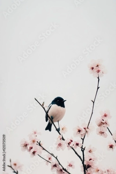 Fototapeta Bird perched on blooming branch with delicate flowers against a soft white sky expressing the beauty of natures tranquility