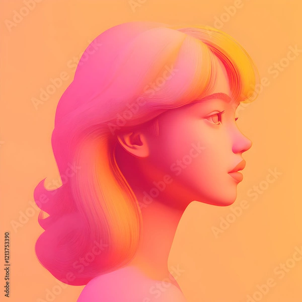 Obraz Sun-Kissed Portrait:  A woman's profile, bathed in a soft, warm glow, features a cascade of vibrant pink and yellow hair.