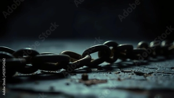 Fototapeta A close-up of broken iron chains lying on a stone surface, with the broken links glowing faintly gold under soft, dramatic spotlighting, dark and moody background