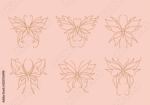 Fototapeta Set of line art butterfly tattoo illustration