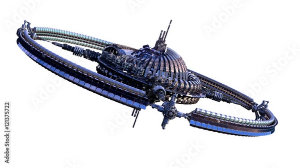 Obraz 3D ilustracja statku kosmicznego lub futurystycznej stacji kosmicznej z centralną kopułą i kołem grawitacyjnym, do science fiction

tła ze ścieżką przycinającą zawartą w pliku.
