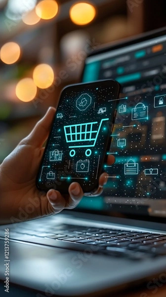 Fototapeta A person holding a smartphone with an online shopping cart icon on the screen, while a laptop displaying an e-commerce website is open on a desk.
