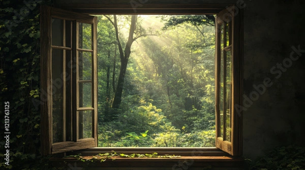 Fototapeta Forest window view sunrise window view scenery nature landscape green tree view window decor wallpaper