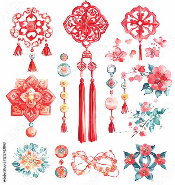 Fototapeta Intricate red lucky charms and floral designs for celebrations