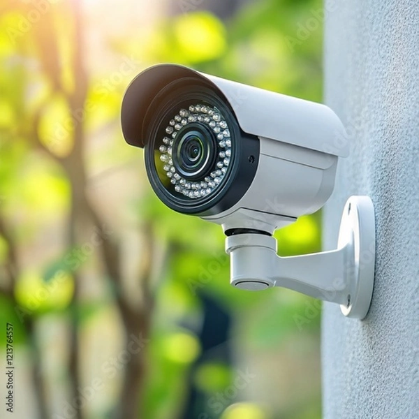 Fototapeta Security camera mounted on a wall with blurred green foliage in the background at daytime