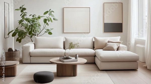 Fototapeta Scandinavian-inspired living room interior design with light oak flooring, white walls, a beige sofa, and minimalist decor, creating a cozy and serene environment.