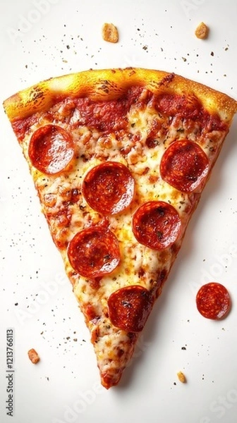 Fototapeta Pepperoni pizza slice on white backdrop with scattered seasoning and crust pieces overhead view