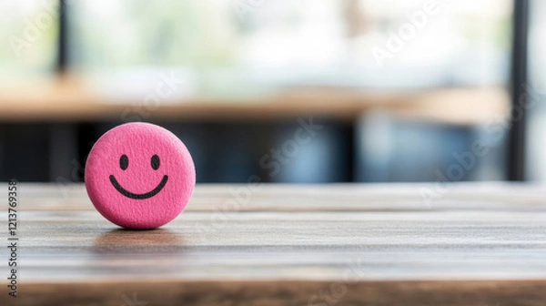 Fototapeta Pink smiley face ball resting on a wooden surface with a blurred interior background, creating a cheerful and optimistic atmosphere perfect for conveying happiness and lightheartedness.