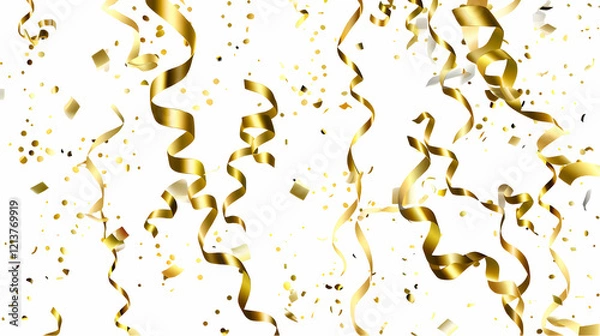 Fototapeta Golden Party Streamers with Confetti on White Background,generative ai
