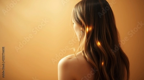 Fototapeta Blonde hair illuminated by warm light, side profile, bare shoulders, golden hour glow, soft focus, intimate portrait,