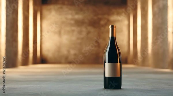 Fototapeta vintage wine bottle stands elegantly in blank cellar, illuminated by soft light, creating warm and inviting atmosphere