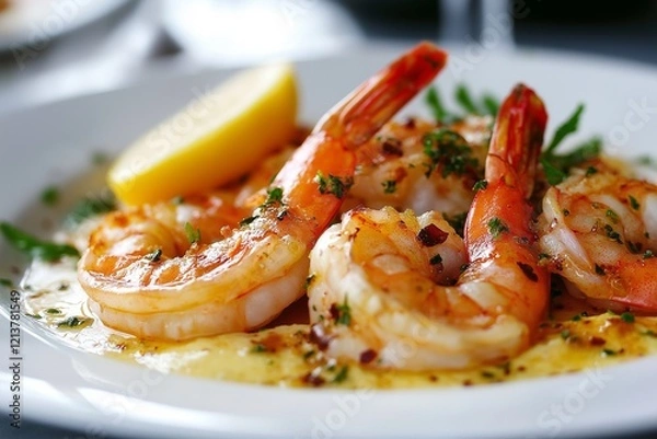 Obraz Garlic butter shrimp with parsley and lemon