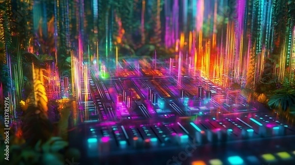 Fototapeta Vibrant Neon Lights Illuminate Tropical Jungle DJ Mixer