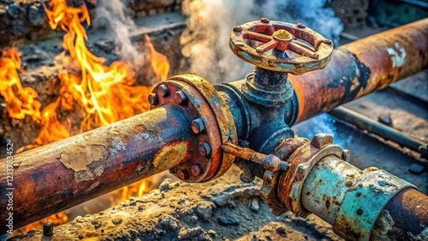 Fototapeta Aerial View: Corroded Pipe Insulation Causing Gas Leak at Rusty Valve