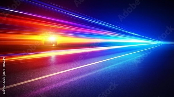 Fototapeta Night highway speed, light trails, motion blur, sunset background. Use website banner