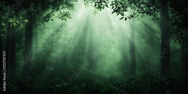 Fototapeta Sunlight rays shining through tree canopy in forest. Nature and tranquility themes