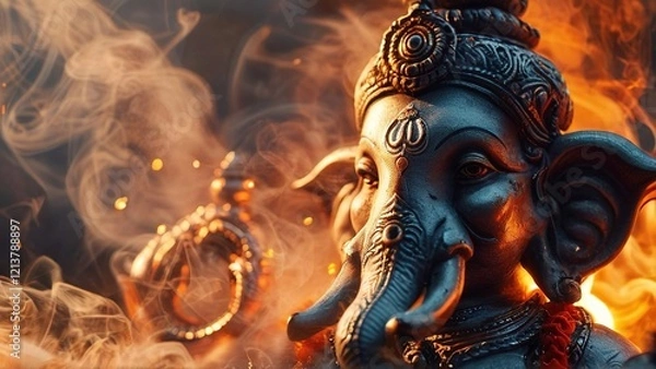 Obraz Ganesha statue, fire, smoke, Hindu ritual, spirituality