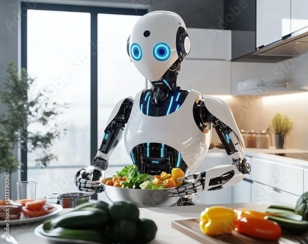 Obraz Futuristic Robot Chef Preparing Fresh Vegetables in Modern Kitchen