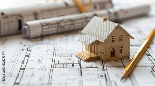 Fototapeta House model on blueprints; pencil, plans; architecture design