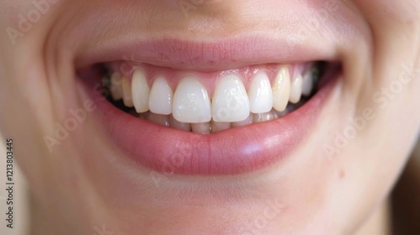 Fototapeta Close-up smiling woman's teeth, before whitening, indoor