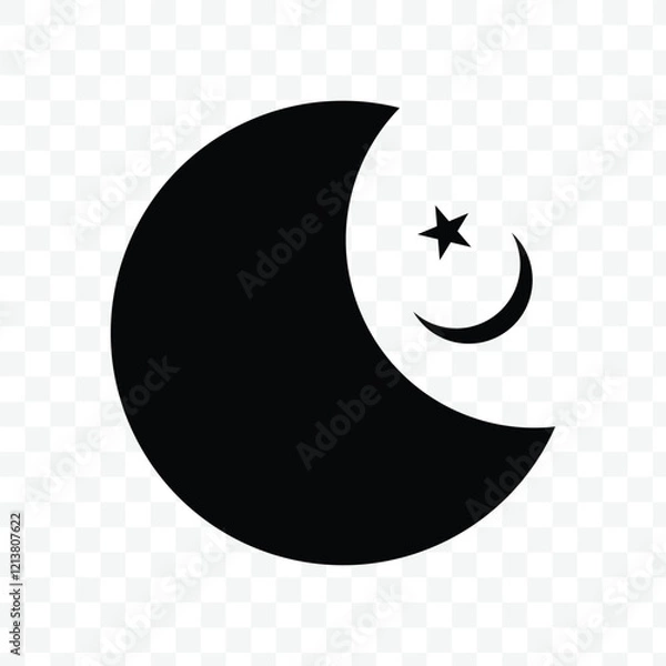 Fototapeta Crescent moon icon collection features varied crescent designs with stars, decorative patterns in black with transparent background.