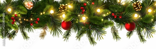 Fototapeta Festive Christmas Garland with Pine Cones and Lights,generative ai
